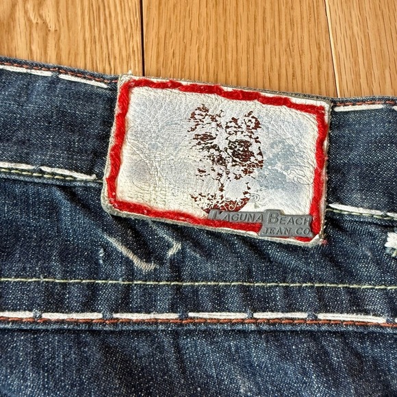 Laguna Beach Jean Co Dark Blue Flare Jeans Embroidered Skull Button USA 42x36